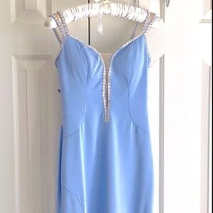 La Femme Blue Sheath Dress Plunge Neckline Sleeveless